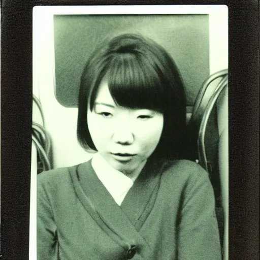 Prompt: polaroid of a young japanese woman on a train at night