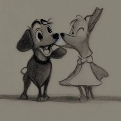 Image similar to milt kahl pencil sketch of happy mini schnauzer cartoon lady and the tramp style