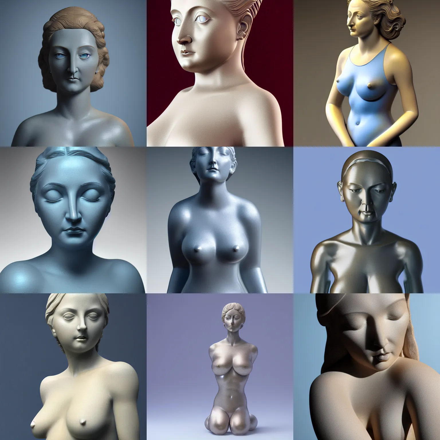 Prompt: statue of a perfect woman, sandstone, silver, blue steel ( desgined by botero ), studio photo, octane render, studio lights, macro lens