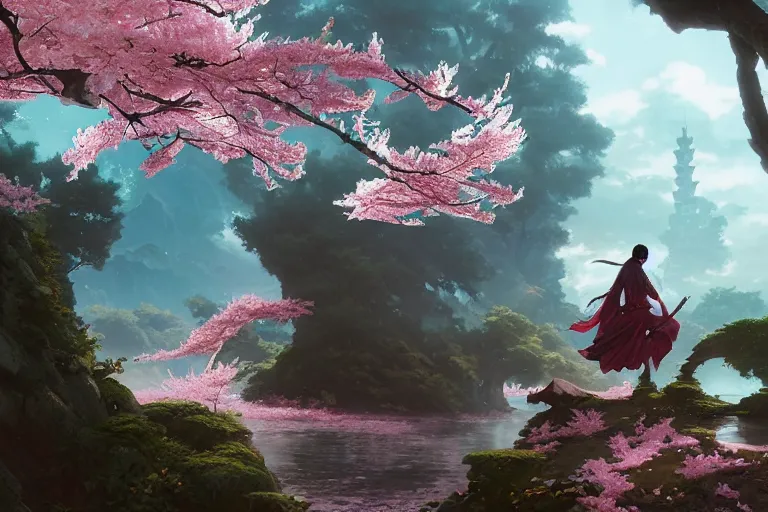 Image similar to wuxia, ancient relic, cherry blossoms, unreal engine, fantasy art by greg rutkowski, loish, rhads, ferdinand knab, makoto shinkai and lois van baarle, ilya kuvshinov, rossdraws, tom bagshaw, global illumination, radiant light, detailed and intricate environment