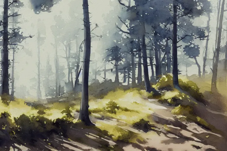 Prompt: small centered on watercolor paper, paint brush strokes, abstract watercolor painting of scandinavian view, crooked pine trees, twisted, cinematic light, american romanticism by hans dahl, by jesper ejsing, by anders zorn, by greg rutkowski, by greg manchess, by tyler edlin