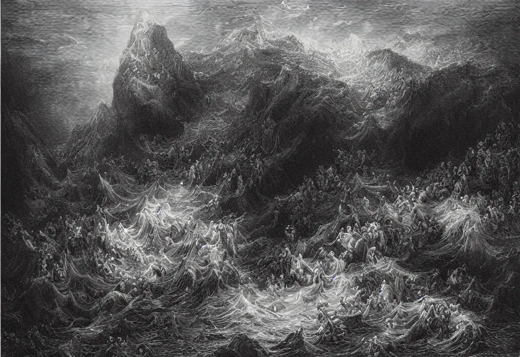 Prompt: the deluge, an engraving by gustave dore