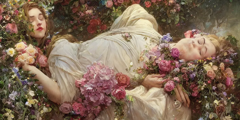 Image similar to mysterious sleeping beauty holding a large bouquet of flowing flowers, sleeping in an elaborate coffin, fantasy, regal, intricate, by stanley artgerm lau, greg rutkowski, thomas kindkade, alphonse mucha, loish, norman rockwell