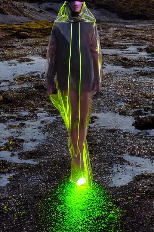 Image similar to an ultra high definition professional high fashion portrait studio full length photograph of a model wearing a transparent pearlescent raincoat and neon visor in an icelandic black rock environment at dawn. no artefacts. extremely detailed. stark. refraction. shallow depth of field. volumetric light and shadow. ray tracing. light rays.