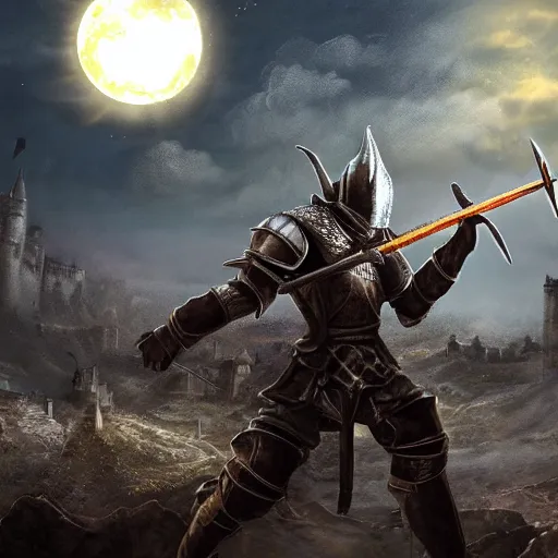 Image similar to A knight from Dark Souls, fighting a fire breathing PopTart, on top of a castle, under a full moon