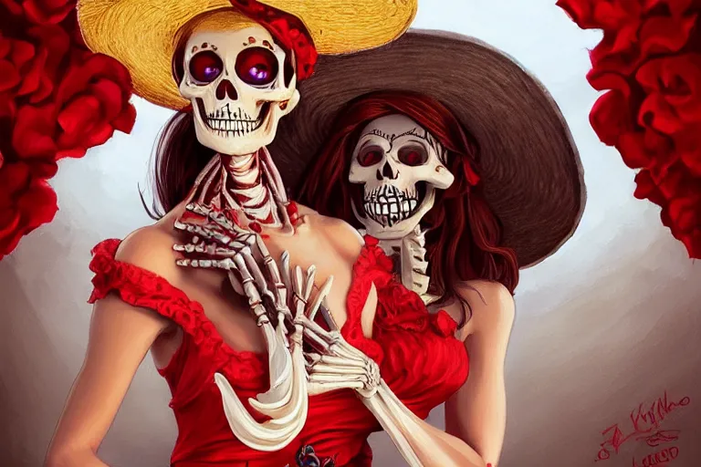 Image similar to cute & beautiful smiling mexican undead skeleton girl wearing a sombrero and a wide red dress, elegant, digital art, fantasy, pixar style, painting, pin up, highly detailed, artstation, art by artgerm, vrubel, boris vallejo and ilya kuvshinov