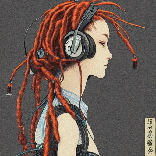 Prompt: a beautiful ukiyo painting of robot with dreadlocks and headphones in profile view, wearing space techwear, detailed symmetrical close up portrait, intricate complexity, by takato yamamoto, wlop, krenz cushart. cinematic dramatic atmosphere, sharp focus