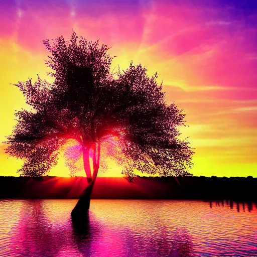 Image similar to a tree in a river, sunset, retrowave