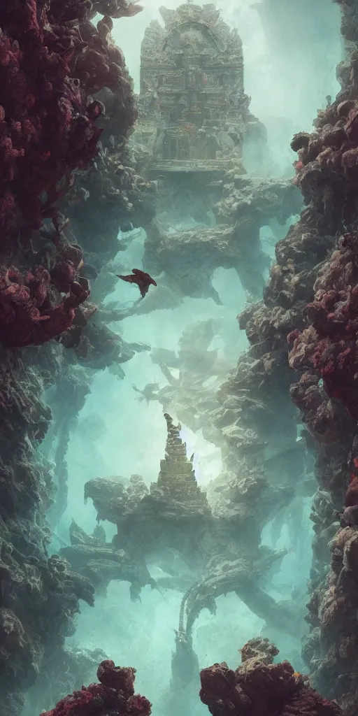 Image similar to Underwater temple, broken statues, magical, mystical atmosphere, Monster Hunter Illustrations art book, Moebius, Greg Rutkowski, Zabrocki, Karlkka, Jayison Devadas, Phuoc Quan, trending on Artstation, 8K, ultra wide angle, zenith view, pincushion lens effect.