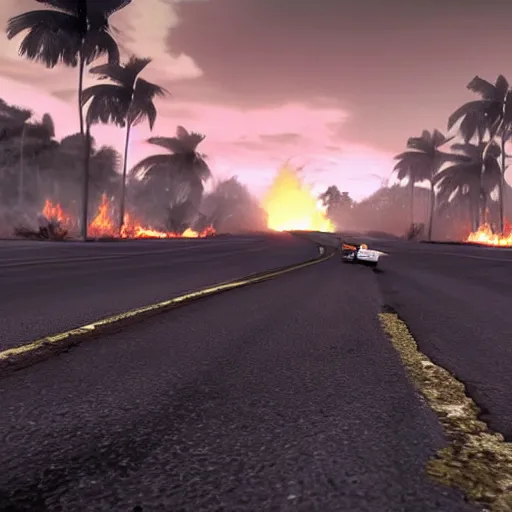 Prompt: car leaking black tar apocalyptic adrenaline anger oil black tar landscape wasteland miami desert on fire landscape natural disasters miami beach sunset fucked up palm trees landscape on fire james gurney, henry moore style unreal engine fallout style far cry