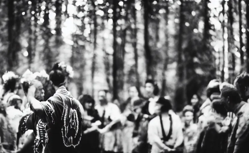 Prompt: round dance in the forest, magic, nostalgia, analogue photo quality, lomography effect, blur, unfocus, monochrome, 35mm