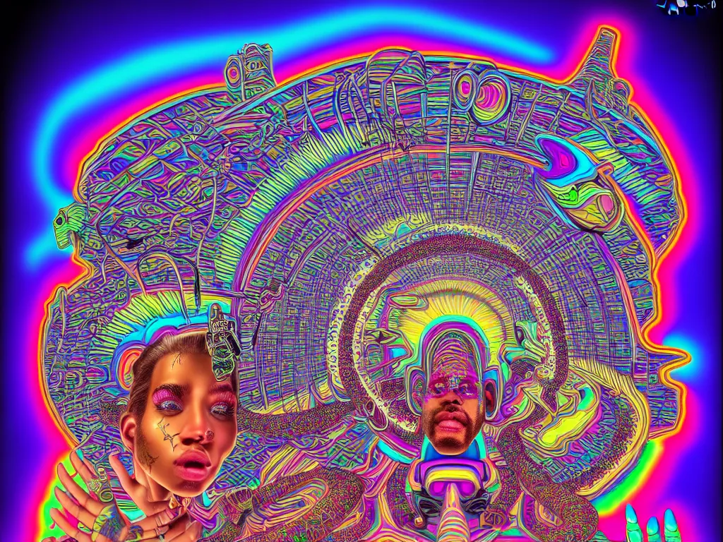 Image similar to house party, epic angle, happy, psychedelic, hip hop, surreal, neon, vaporwave, detailed, illustrated by Alex Grey, 4k