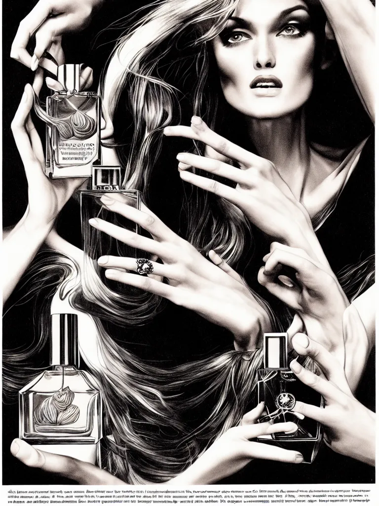 Image similar to fragrance advertising campaign by bernie wrightson, initricate