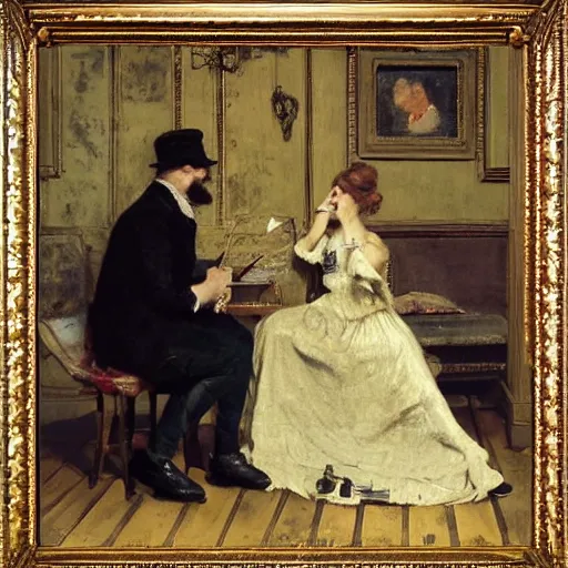Prompt: man and woman solving an escape room riddle by alfred stevens