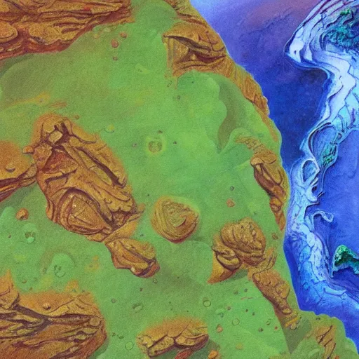 Image similar to detailed details photorealistic image of the latest green map of mars after terraforming in the style of moebius and alex ross, gouache and wash paints color, detailed details facial and body and human and environments and proportionate, detailed 5 k details.