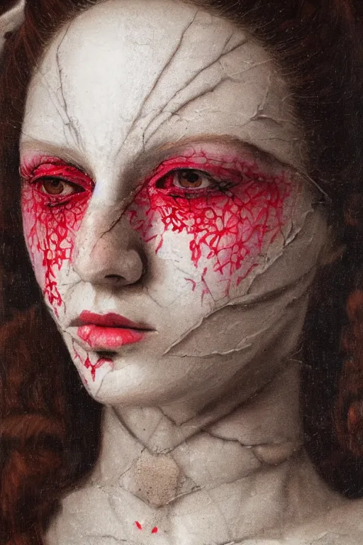 Prompt: hyperrealism close - up mythological portrait of a medieval woman's shattered face partially made of crimson color flowers in style of classicism, pale skin, wearing silver dress, dark and dull palette