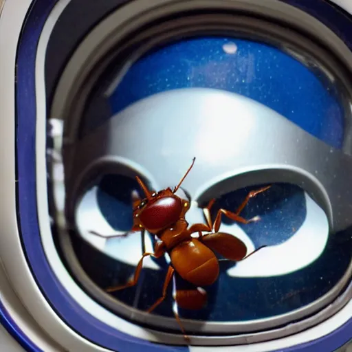 Prompt: an ant wearing an astronaut helmet on an airplane