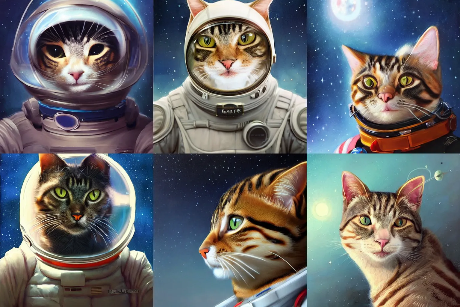 Image similar to head and shoulders masterpiece portrait of a cat wearing a spacesuit, surreal background, digital art by Krenz Cushart, trending on artstation, cgsociety,