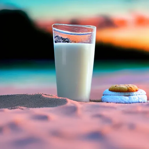 Prompt: a glass of milk and a cookie chilling on the beach, sunset, vaporwave