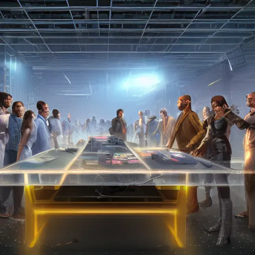 Prompt: large group people in a huge warehouse, gathered around a hologram of futuristic city on a table | cinematic concept art | godrays | 4 k | clear details | tabletop | tabletop | hologram foreground