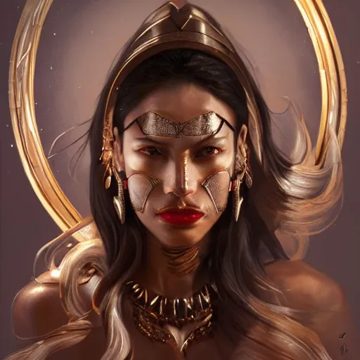 Image similar to detailed oil portrait of tall muscular shining bronze - skinned warrior woman with silver eyes, with long wavy flowing black hair and big gold earrings, jewelry, red lipstick, makeup, feminine, volumetric lighting, dynamic composition, art by sachin teng and sergey kolesov and ruan jia and heng z, scifi, concept art