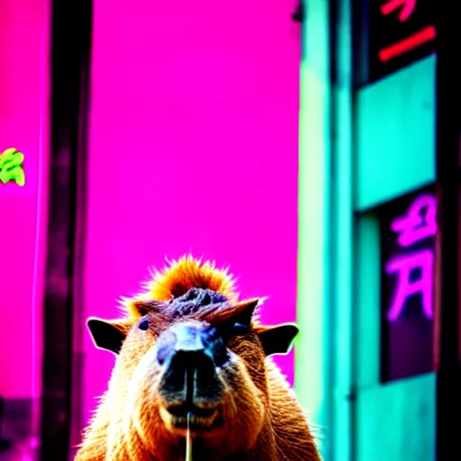 Image similar to capybara drinking bubble tea in cyberpunk, neon, pink and cyan seoul, detailed, street photography