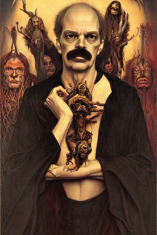 Image similar to occult art portrait of john whiteside parsons by wayne barlowe, gustav moreau, goward,  Gaston Bussiere and roberto ferri, santiago caruso, and austin osman spare