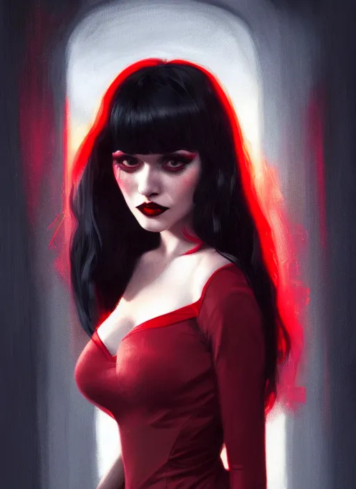 Image similar to portrait of vampire veronica lodge with bangs, vampire, long hair, red clothes, bangs, vampironica, intricate, elegant, glowing lights, highly detailed, digital painting, artstation, concept art, smooth, sharp focus, illustration, art by wlop, mars ravelo and greg rutkowski