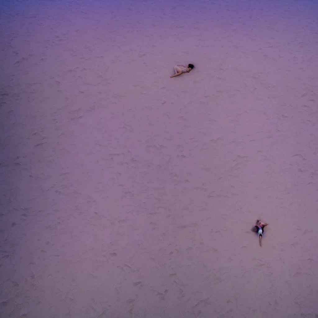 Image similar to aerial view of iridiscent oil spill in desert dunes of sand tempest with women corpses connected by cables and computers to wax forms to a buried baby relaxing on yoga mat, faded, purple gradient, dust, purple fog, depth of field, by werner herzog, hans bellmer and nadav kander, 8 k, sad atmosphere, cinematic