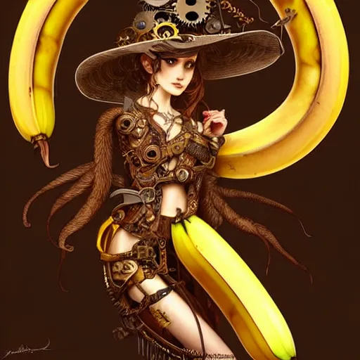 Image similar to STEAMPUNK BANANA! Epic fantasy art, award winning on Artstation, intricate, elegant, highly detailed, digital painting, art by artgerm and greg rutkowski and alphonse mucha, banana, banana, banana, only a steampunk banana please.