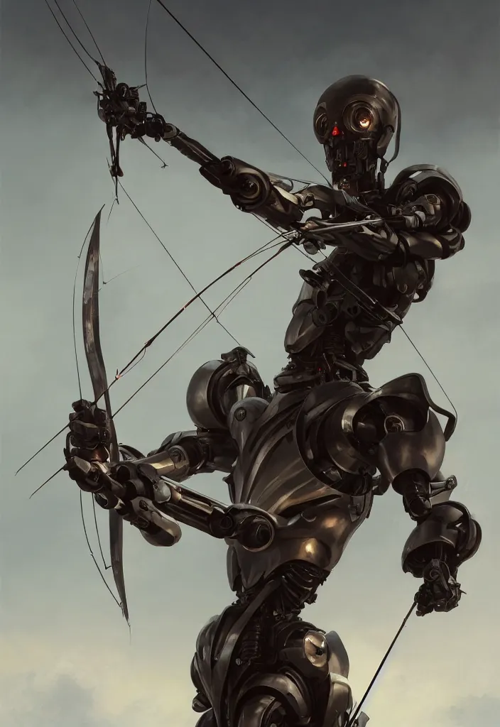 Prompt: a close up portrait of a robot holding a bow and arrow by greg rutkowski, sung choi, mitchell mohrhauser, maciej kuciara, johnson ting, maxim verehin, peter konig, 8 k photorealistic, cinematic lighting, hd, high details, dramatic, dark atmosphere, trending on artstation