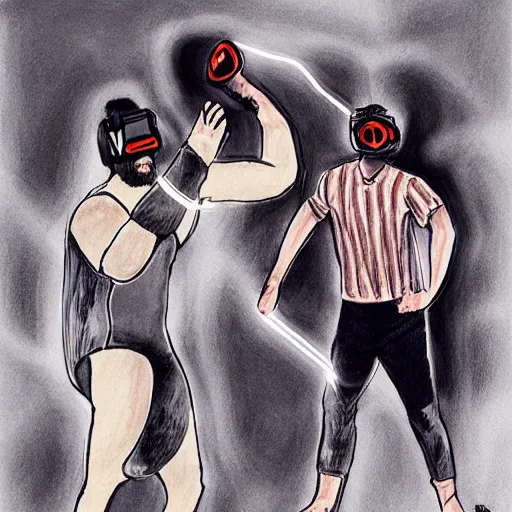 Image similar to shrugging wrestlers wearing vr headsets professionally illustrated by jonathan bruns