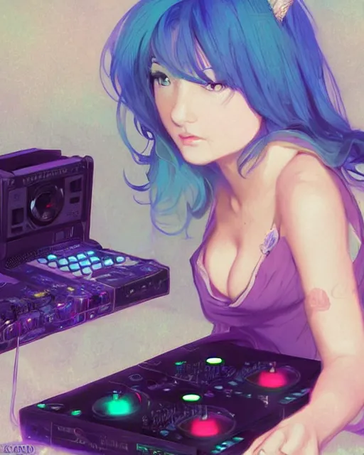 Image similar to pretty girl djing at a rave, blue hair, rem rezero, sharp focus, digital painting, 8 k, concept art, art by wlop, artgerm, greg rutkowski and alphonse mucha