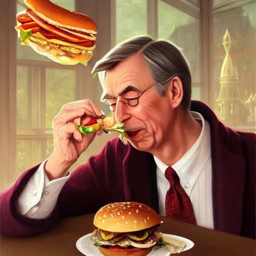 Prompt: portrait of Mr. Rogers sucking on a hamburger, extra onions and ketchup, luscious patty with sesame seeds, feminine ethereal, handsome, D&D, fantasy, intricate, elegant, highly detailed, hearthstone, digital painting, artstation, concept art, matte, sharp focus, illustration, art by Artgerm and Greg Rutkowski and Alphonse Mucha