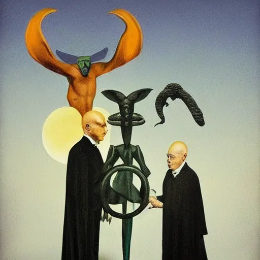 Prompt: Aleister Crowley with baphomet, by Raphael Hopper, and Rene Magritte. Highly detailed, Occult funny, humorous, funny, enchanting, magical, trending on artstationHQ