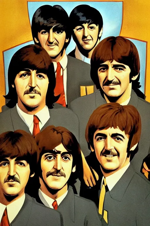 Image similar to the beatles as heroes on a soviet realism style propaganda poster