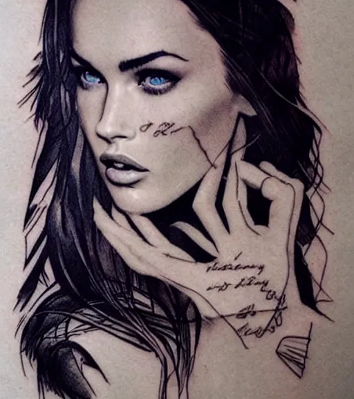 Image similar to double exposure effect tattoo design sketch of megan fox with beautiful mountain scenery, realism tattoo, in the style of matteo pasqualin, amazing detail, sharp