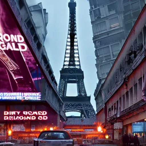 Image similar to A beautiful intricate 8K award-winning ground-level cinematic movie photograph of the future destroyed and decaying Eiffel Tower, surrounded by neon and broken corporate video billboard displays. in the year 2050, by Bruno Delbonnel and greg rutkowski. Arri Alexa 65, IMAX 70mm footage. Dirty billboards. Cinematic lighting