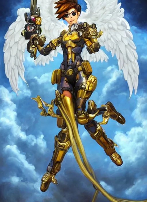 Image similar to full body oil painting of tracer overwatch in the style of sophie anderson, angel wings, angelic golden armor, dramatic painting, symmetrical composition, ornate, golden chains, high detail, gold detailed collar!!!!!, blooming, angelic, lights, flowers, heavenly, bright, detailed face,