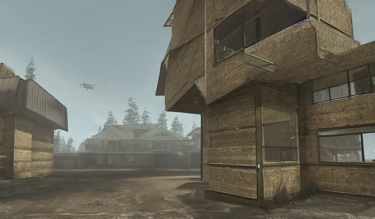 Prompt: A serene landscape with a singular building in the style of Call of duty.