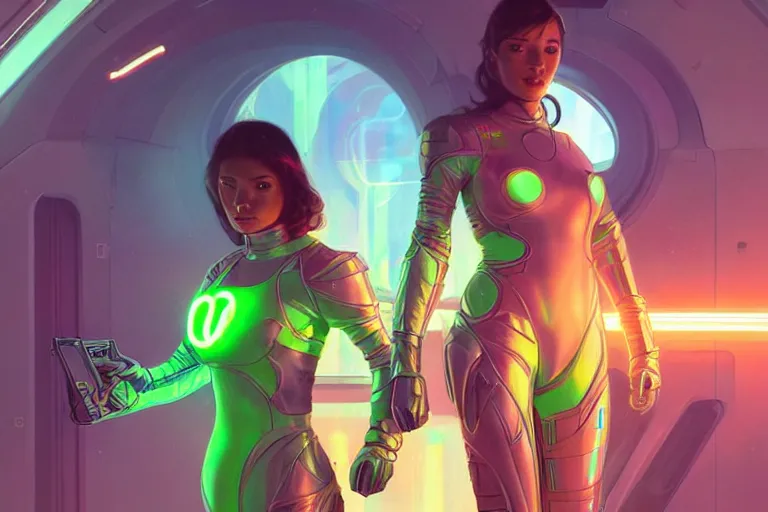 Image similar to Good looking young women wearing neon coloured armour suits in a space station, elegant, intricate, retrofuturistic digital painting, artstation, concept art, smooth, sharp focus, illustration, art by artgerm and greg rutkowski and alphonse mucha