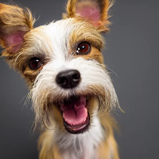 Prompt: studio portrait of a scruffy terrier-chihuahua mix with a tan face, white snout, and underbite