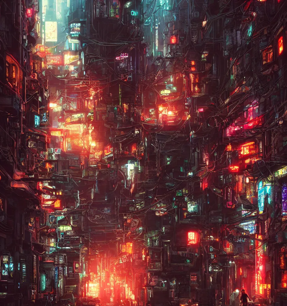 Image similar to back alley road in a cyberpunk metropolis, cinematic, highly detailed, octane render, rich cinematic atmosphere, perfect digital art, mystical journey in strange world, cyberpunk, sci - fi, surreal, glowing lights, sharp focus, high detailed, by akihiko yoshida, michael whelan and karol bak