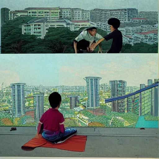 Prompt: art of two singapore students on the roof of a hdb flat, by moebius