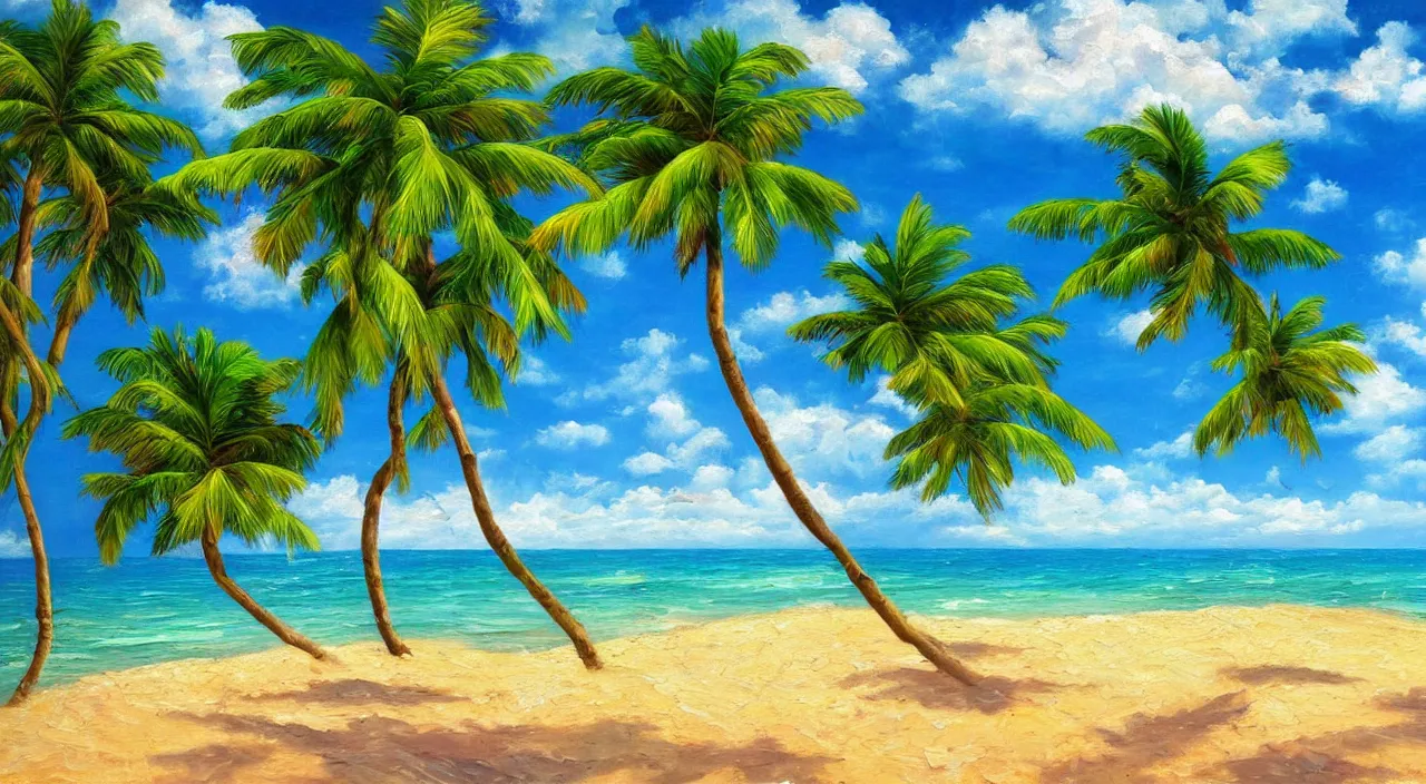 Prompt: Tropical beach in the style of Windows XP default wallpaper, oil painting,