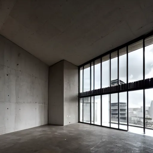 Image similar to a photo of a brutalist interior with high ceilings and big windows