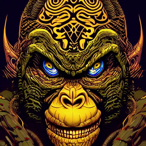 Image similar to barong family member, wiwek, mara demon, one single tribe member, jungle, one single mask, dark, ancient warrior, gorilla, lizard, tribal, inner glow, art by dan mumford and justin gerard