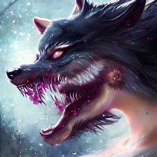 Image similar to very very very beautiful asian girl turning into a ferocious werewolf, large teeth, falling flower petals, epic digital painting, art by wlop and raymond swanland and chie yoshii, extreme detail