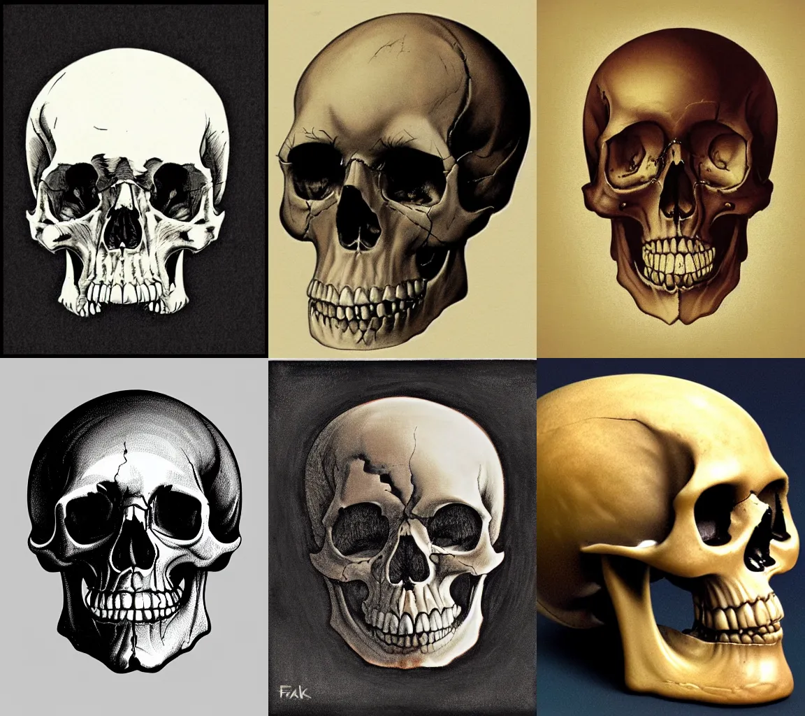 Prompt: a human skull centered composition in the style of frank frazetta