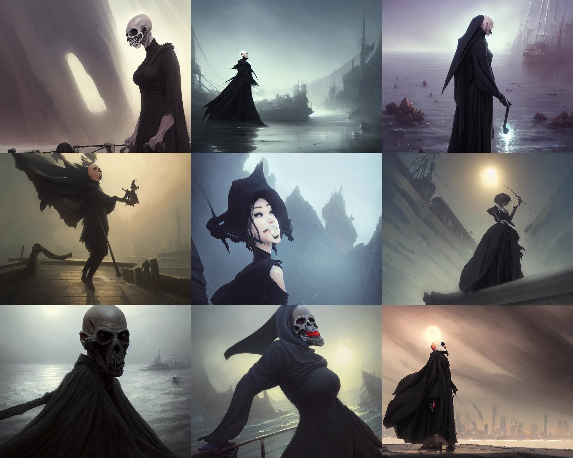 Prompt: screaming bald reaper dressed in black dress over a harbor, light dust, magnificent, close up, details, sharp focus, elegant, highly detailed, illustration, by Jordan Grimmer and greg rutkowski and PiNe(パイネ) and 薯子Imoko and 香川悠作 and wlop and maya takamura, intricate, beautiful, Trending artstation, pixiv, digital Art